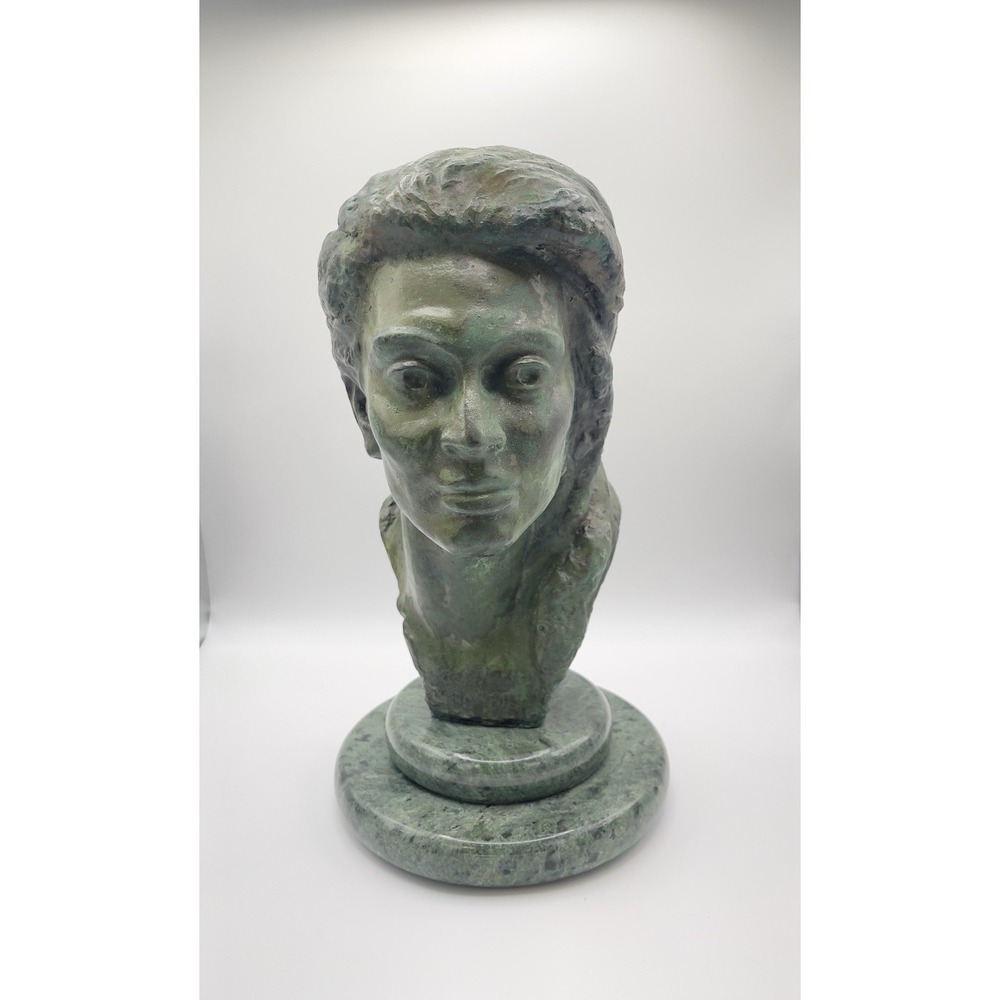 Randolph Johnston Mid Century Bronze Portrait Bust Sculpture Green Marble Base